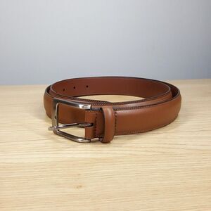 PERRY ELLIS Mens Belt Size Medium 34 36 Brown Bonded Leather Silver Buckle